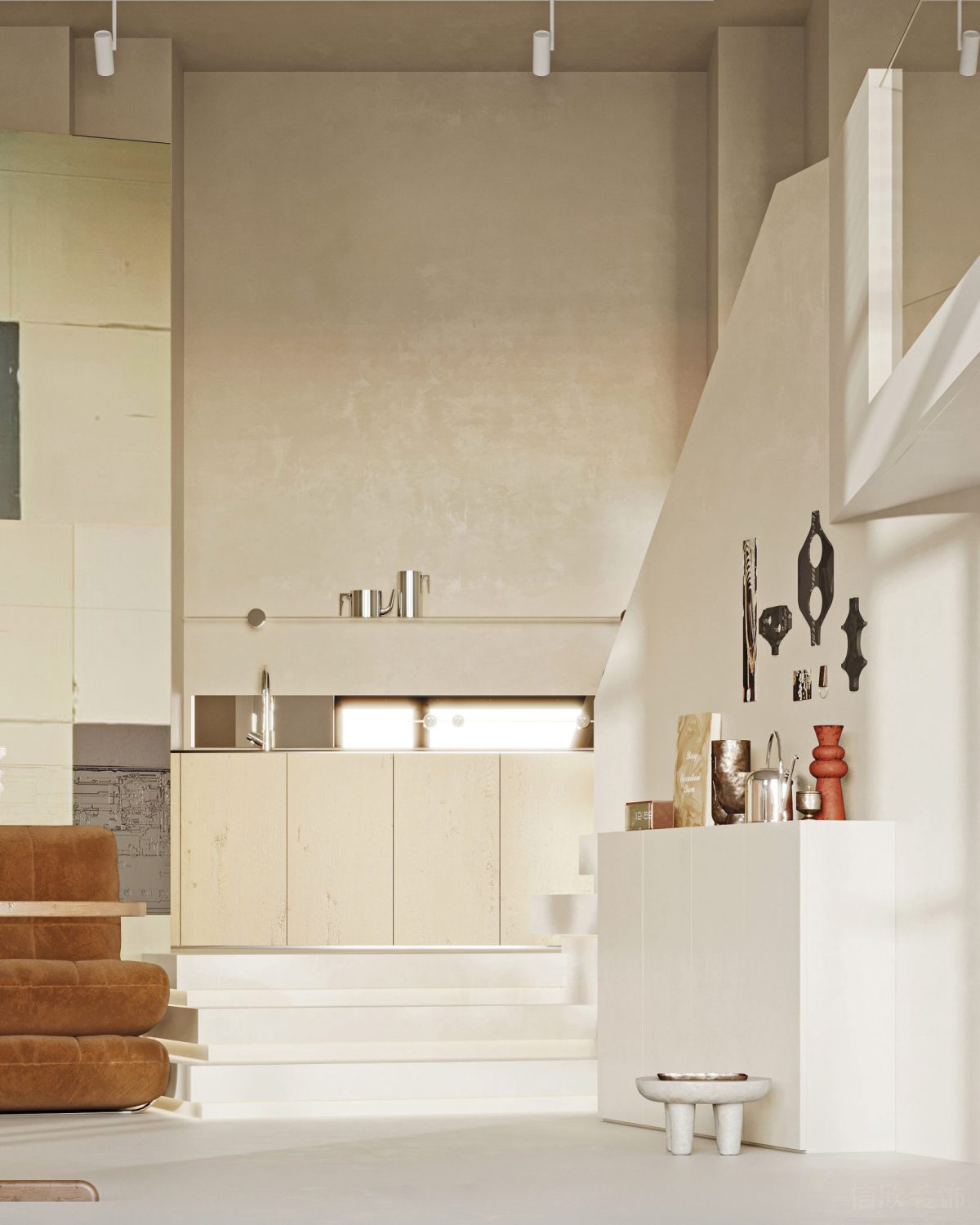 白色階梯過道設(shè)計(jì)裝修辦公室設(shè)計(jì)暗紋集墻板裝修過道效果